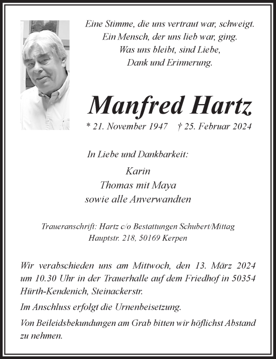 Anzeige von Manfred Hartz von  Wochenende 