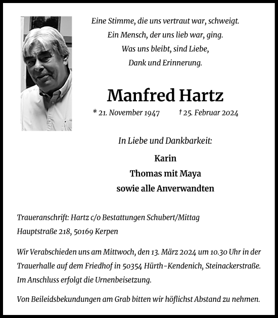 Anzeige von Manfred Hartz von Kölner Stadt-Anzeiger / Kölnische Rundschau / Express