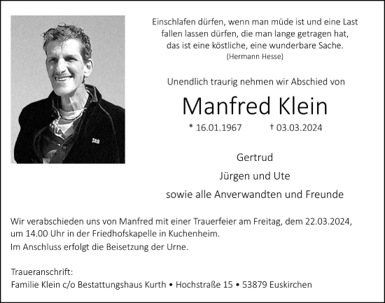 Anzeige von Manfred Klein von  Blickpunkt Euskirchen 