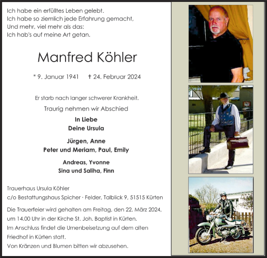 Anzeige von Manfred Köhler von  Bergisches Handelsblatt 