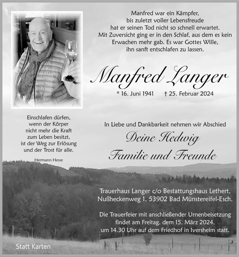 Traueranzeige für Manfred Langer vom 09.03.2024 aus  Blickpunkt Euskirchen 