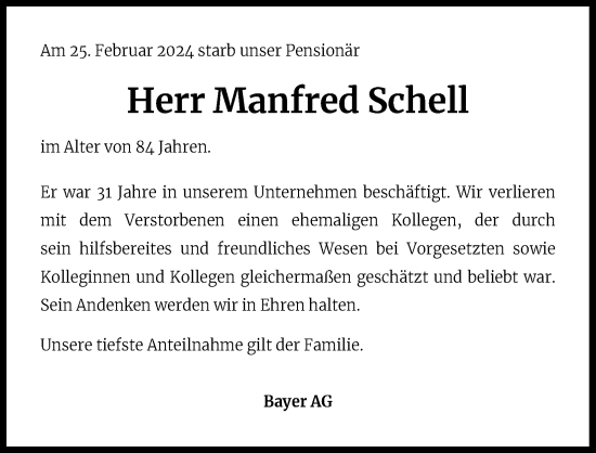 Anzeige von Manfred Schell von Kölner Stadt-Anzeiger / Kölnische Rundschau / Express