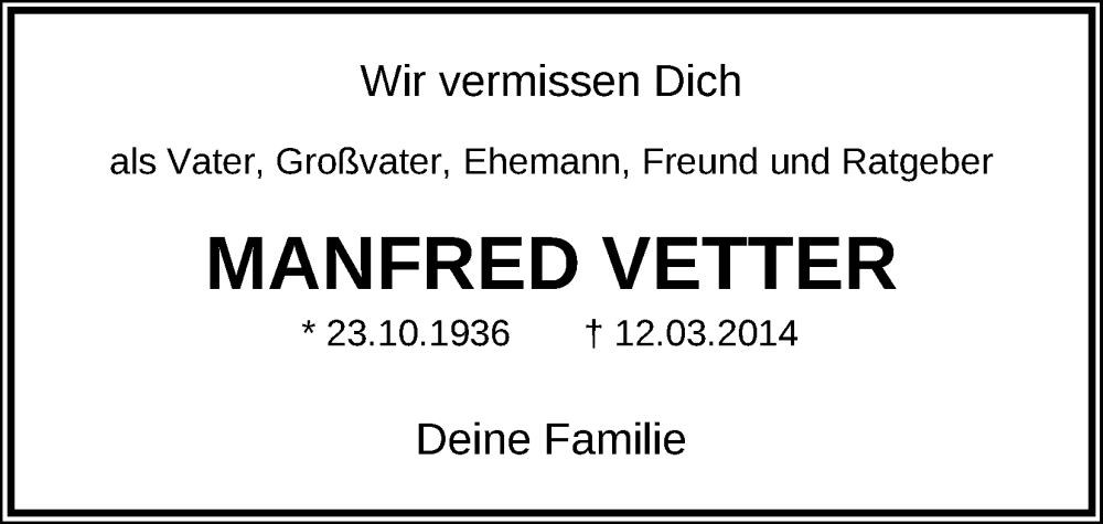  Traueranzeige für Manfred Vetter vom 12.03.2024 aus Kölner Stadt-Anzeiger / Kölnische Rundschau / Express