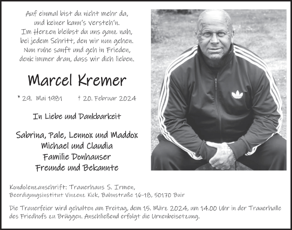  Traueranzeige für Marcel Kremer vom 08.03.2024 aus  Werbepost 