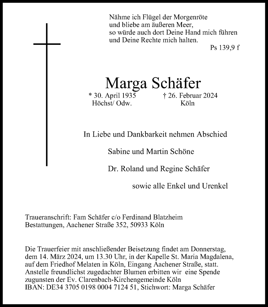  Traueranzeige für Marga Schäfer vom 09.03.2024 aus Kölner Stadt-Anzeiger / Kölnische Rundschau / Express