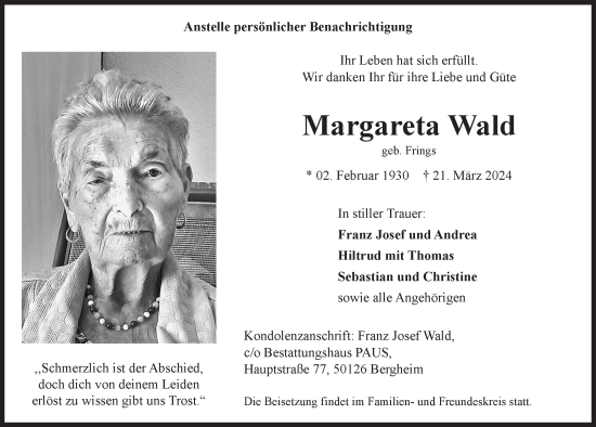 Anzeige von Margareta Wald von  Werbepost 