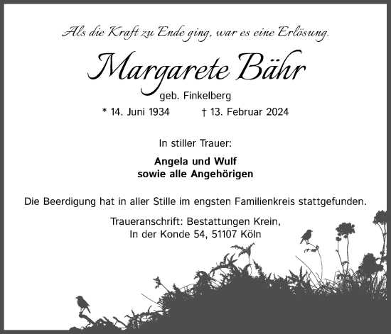 Anzeige von Margarete Bähr von Kölner Stadt-Anzeiger / Kölnische Rundschau / Express