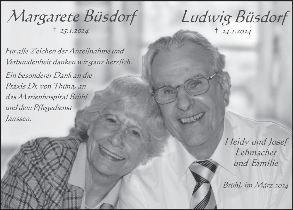  Traueranzeige für Margarete Büsdorf vom 08.03.2024 aus  Schlossbote/Werbekurier 