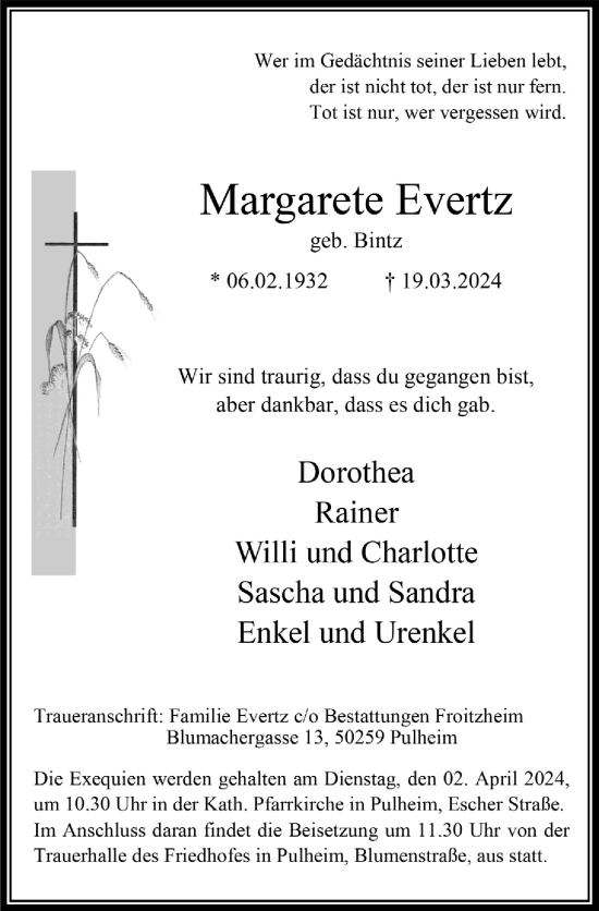 Anzeige von Margarete Evertz von  Wochenende 