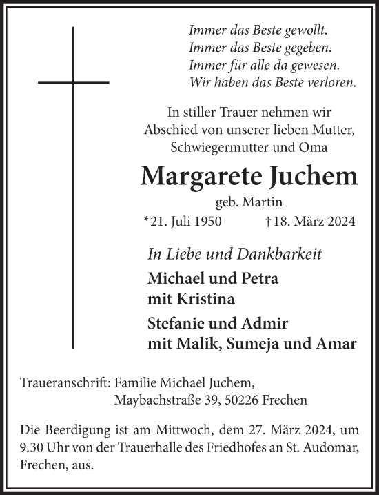 Anzeige von Margarete Juchem von  Wochenende 