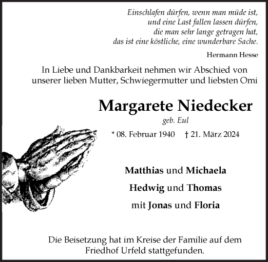 Anzeige von Margarete Niedecker von  Schlossbote/Werbekurier 