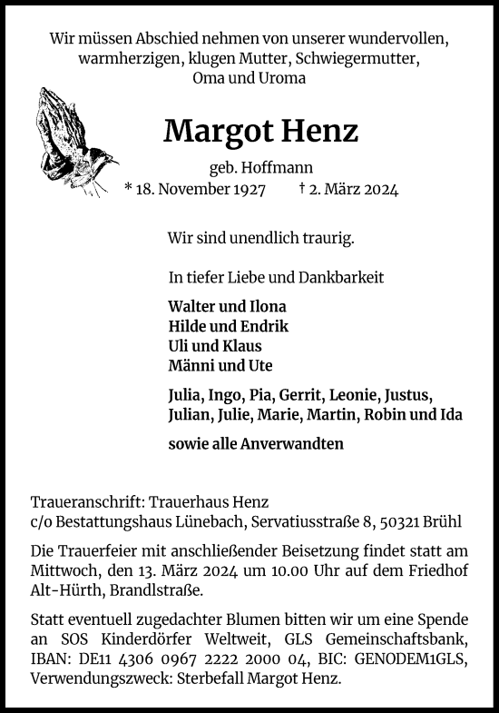 Anzeige von Margot Henz von Kölner Stadt-Anzeiger / Kölnische Rundschau / Express