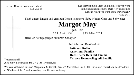 Anzeige von Margot May von Kölner Stadt-Anzeiger / Kölnische Rundschau / Express