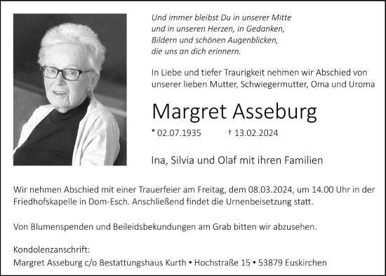Anzeige von Margret Asseburg von  Blickpunkt Euskirchen 