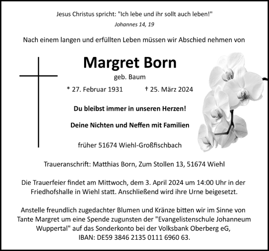 Anzeige von Margret Born von  Anzeigen Echo 