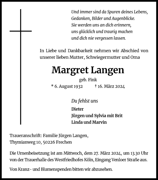 Anzeige von Margret Langen von Kölner Stadt-Anzeiger / Kölnische Rundschau / Express