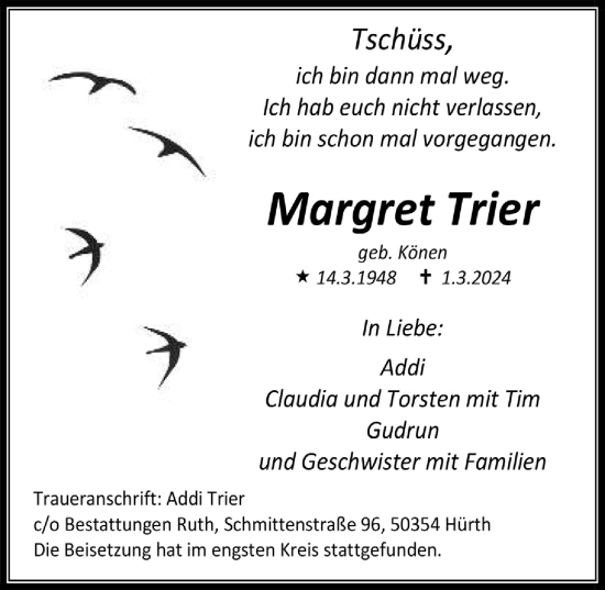Anzeige von Margret Trier von  Wochenende  Schlossbote/Werbekurier 