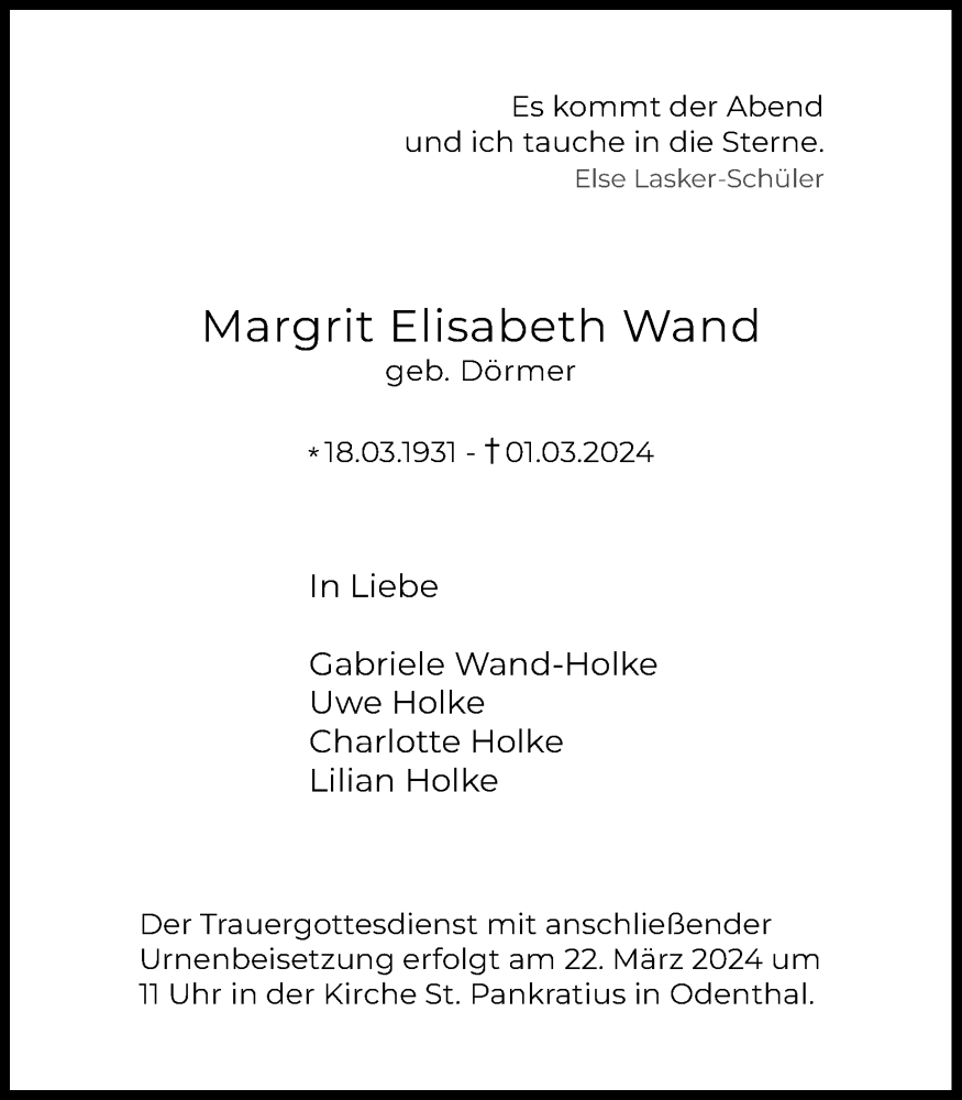  Traueranzeige für Margrit Elisabeth Wand vom 16.03.2024 aus Kölner Stadt-Anzeiger / Kölnische Rundschau / Express