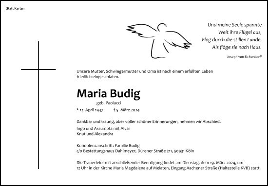Anzeige von Maria Budig von Kölner Stadt-Anzeiger / Kölnische Rundschau / Express