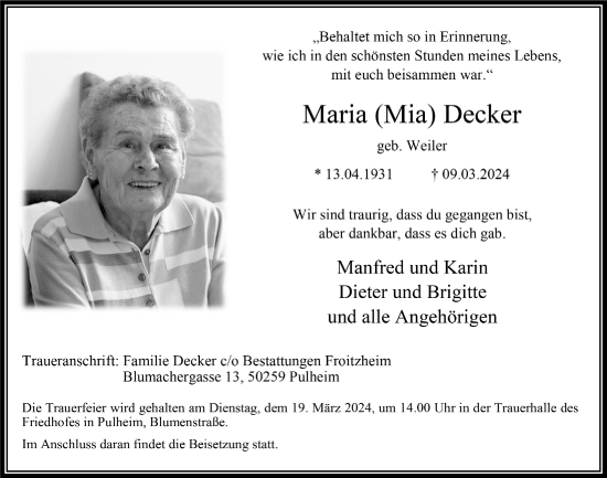 Anzeige von Maria Decker von  Wochenende 