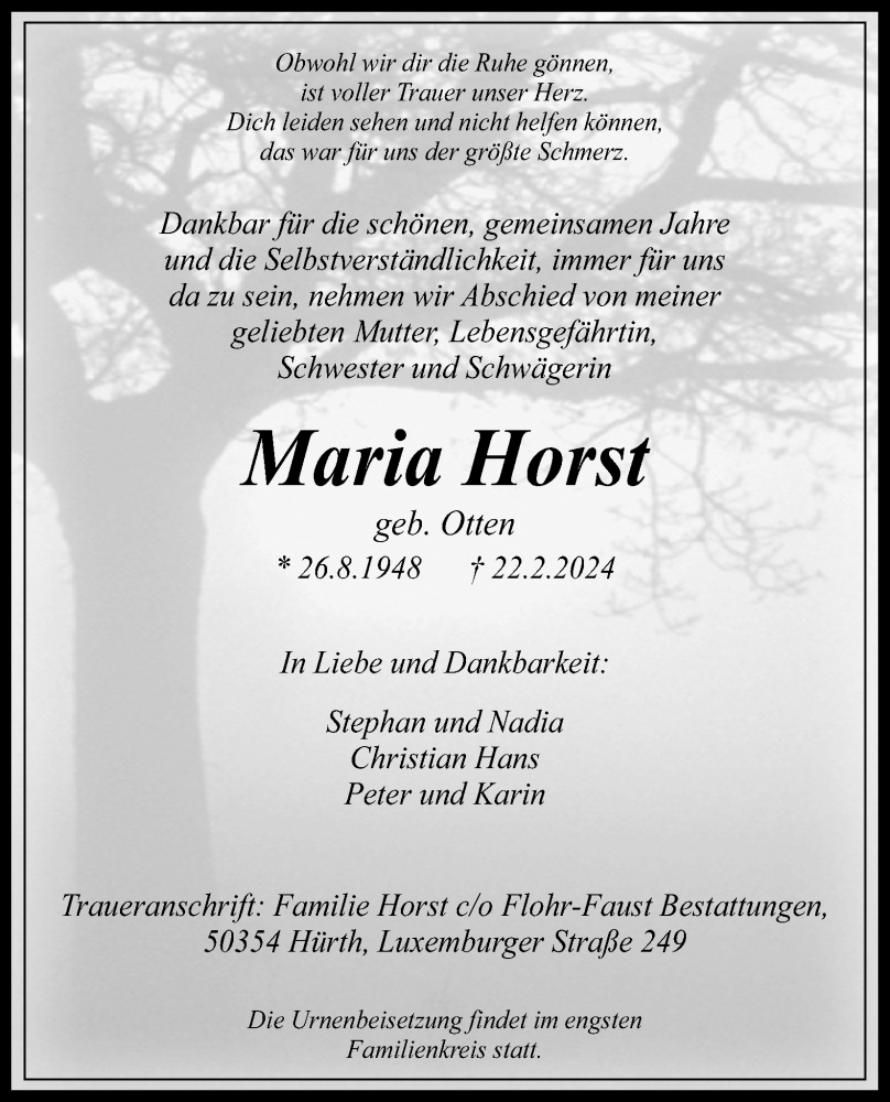  Traueranzeige für Maria Horst vom 02.03.2024 aus Kölner Stadt-Anzeiger / Kölnische Rundschau / Express