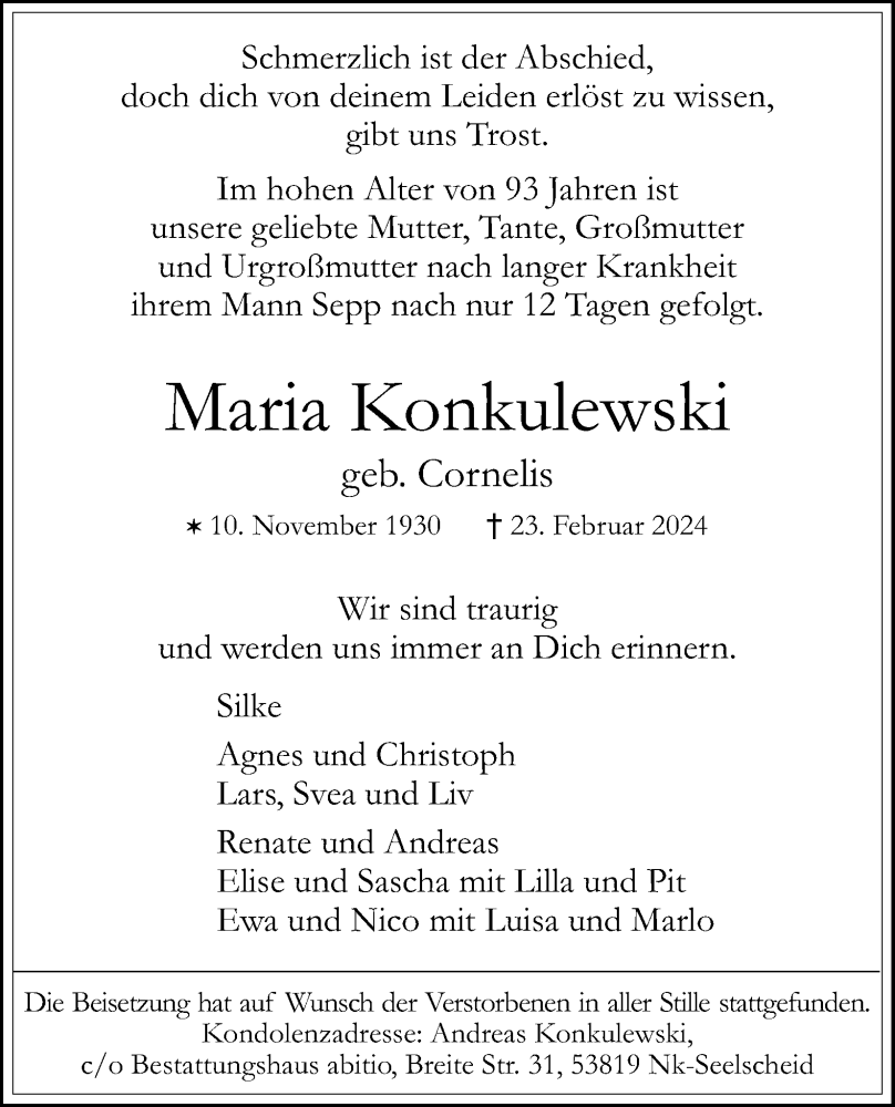  Traueranzeige für Maria Konkulewski vom 02.03.2024 aus Kölner Stadt-Anzeiger / Kölnische Rundschau / Express