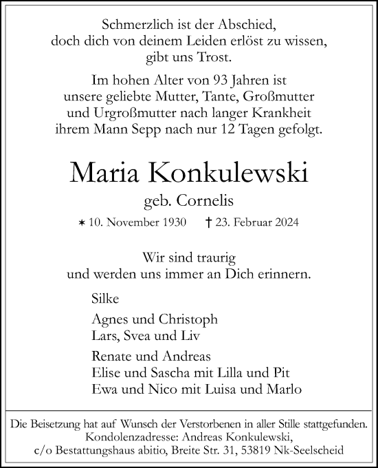 Anzeige von Maria Konkulewski von Kölner Stadt-Anzeiger / Kölnische Rundschau / Express
