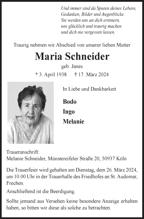 Anzeige von Maria Schneider von  Wochenende 