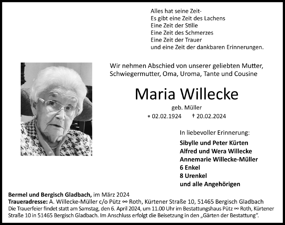  Traueranzeige für Maria Willecke vom 22.03.2024 aus  Bergisches Handelsblatt 