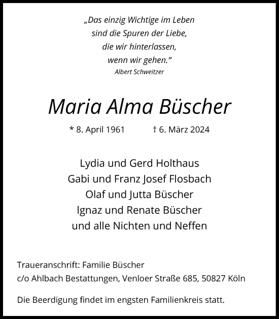 Anzeige von Maria Alma Büscher von Kölner Stadt-Anzeiger / Kölnische Rundschau / Express