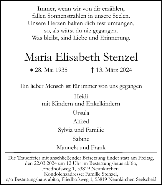Anzeige von Maria Elisabeth Stenzel von Kölner Stadt-Anzeiger / Kölnische Rundschau / Express
