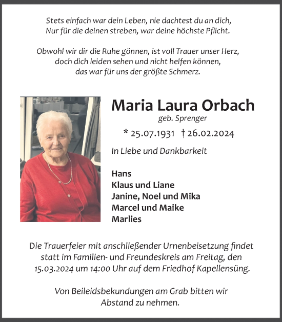 Anzeige von Maria Laura Orbach von Kölner Stadt-Anzeiger / Kölnische Rundschau / Express