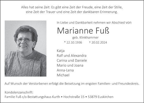 Anzeige von Marianne Fuß von  Blickpunkt Euskirchen 