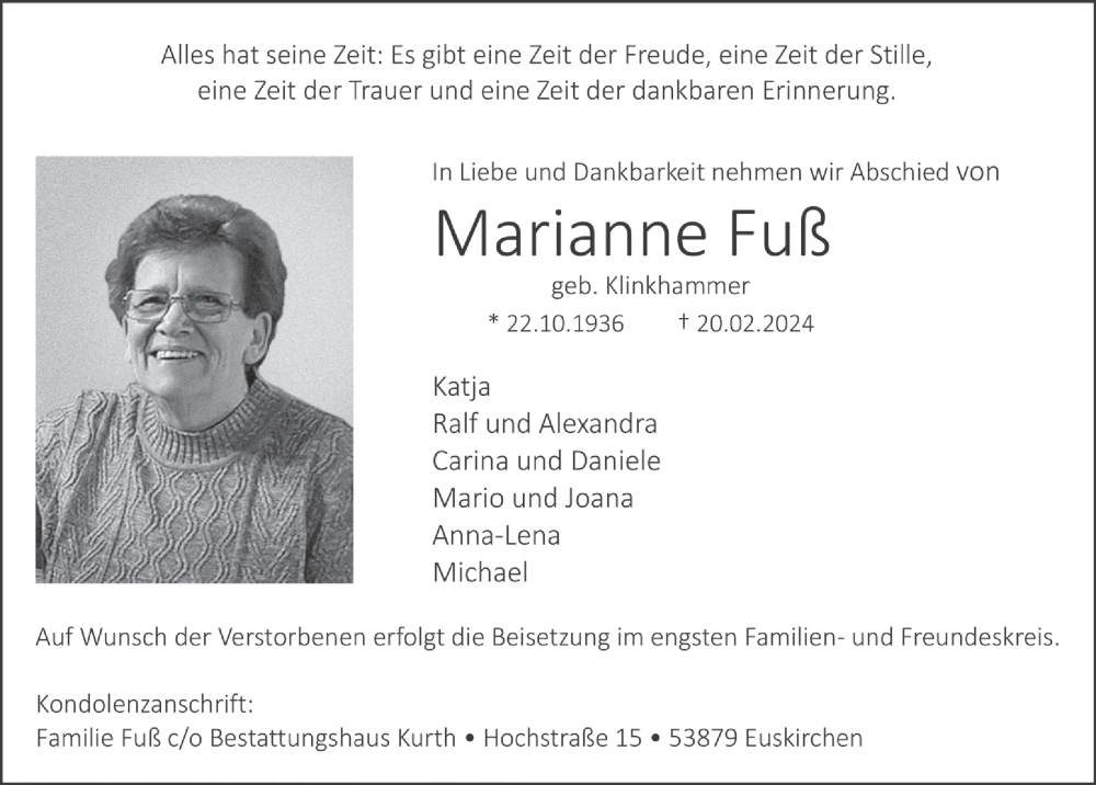  Traueranzeige für Marianne Fuß vom 02.03.2024 aus  Blickpunkt Euskirchen 