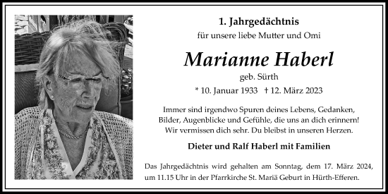 Anzeige von Marianne Haberl von Kölner Stadt-Anzeiger / Kölnische Rundschau / Express