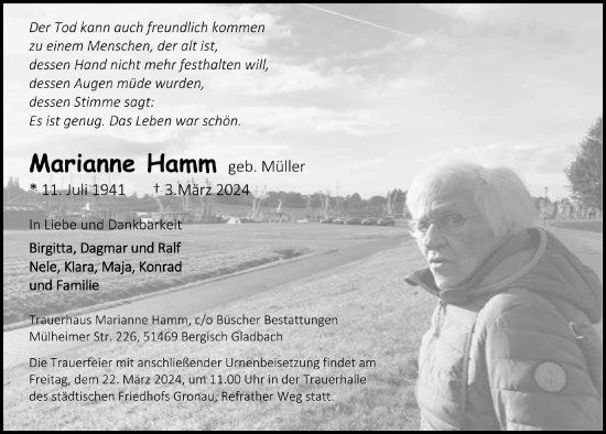 Anzeige von Marianne Hamm von  Bergisches Handelsblatt 