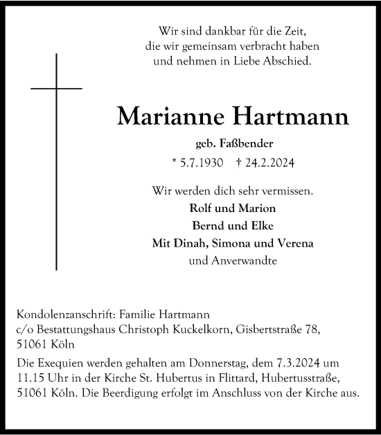 Anzeige von Marianne Hartmann von Kölner Stadt-Anzeiger / Kölnische Rundschau / Express