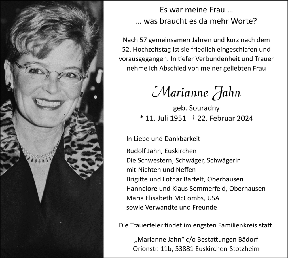  Traueranzeige für Marianne Jahn vom 02.03.2024 aus  Blickpunkt Euskirchen 