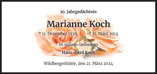 Anzeige von Marianne Koch von Kölner Stadt-Anzeiger / Kölnische Rundschau / Express