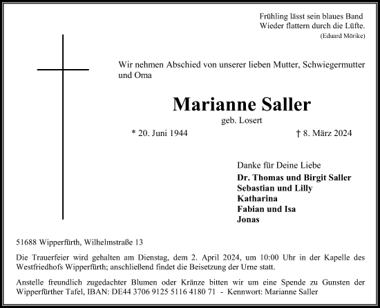 Anzeige von Marianne Saller von Kölner Stadt-Anzeiger / Kölnische Rundschau / Express