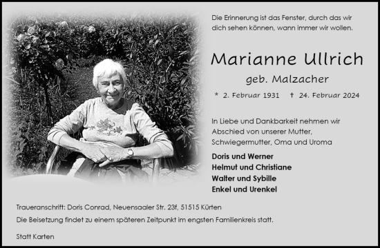 Anzeige von Marianne Ullrich von Kölner Stadt-Anzeiger / Kölnische Rundschau / Express