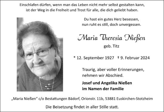 Anzeige von Maria Theresia Nießen von  Blickpunkt Euskirchen 