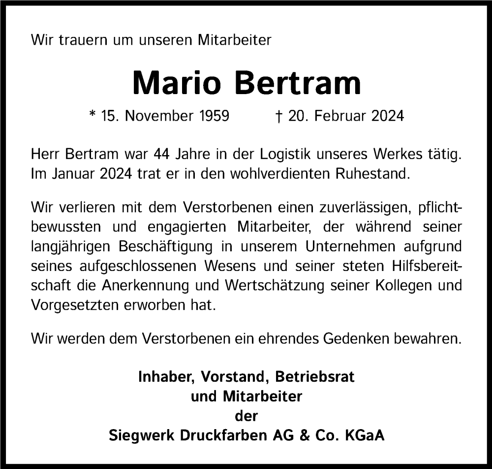  Traueranzeige für Mario Bertram vom 02.03.2024 aus Kölner Stadt-Anzeiger / Kölnische Rundschau / Express