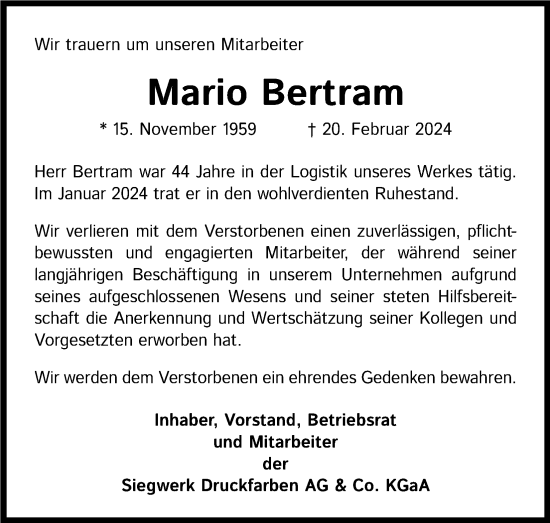 Anzeige von Mario Bertram von Kölner Stadt-Anzeiger / Kölnische Rundschau / Express