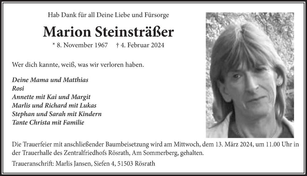  Traueranzeige für Marion Steinsträßer vom 08.03.2024 aus  Bergisches Handelsblatt 