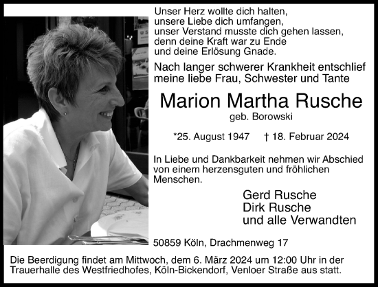 Anzeige von Marion Martha Rusche von Kölner Stadt-Anzeiger / Kölnische Rundschau / Express