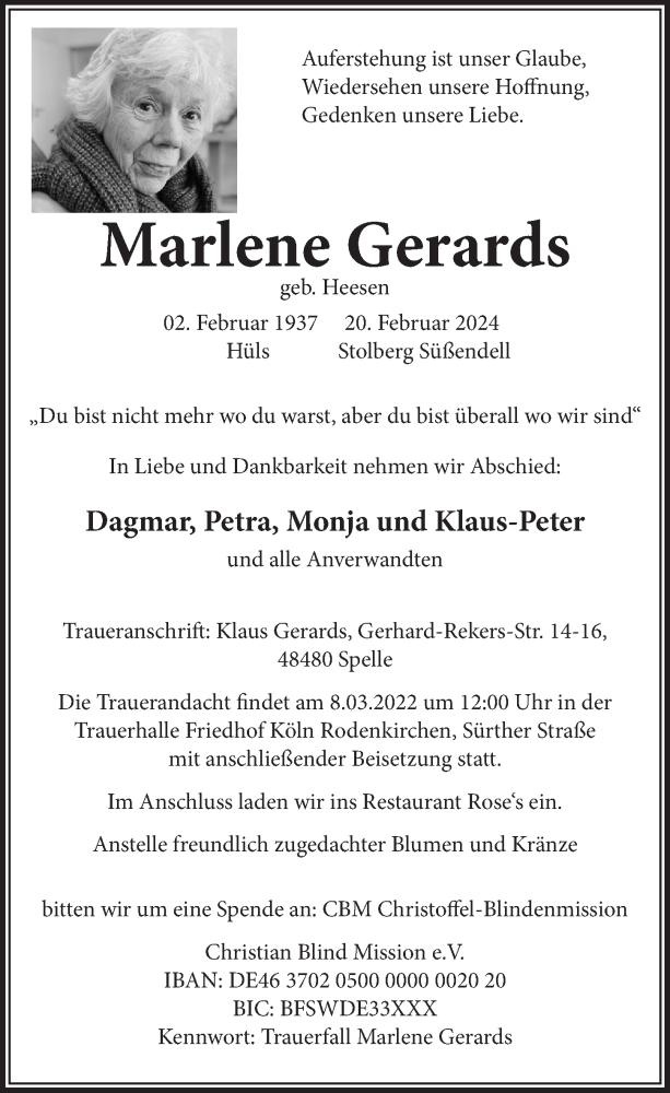  Traueranzeige für Marlene Gerards vom 02.03.2024 aus  Blickpunkt Euskirchen 