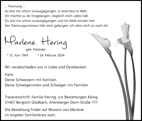 Anzeige von Marlene Hering von Kölner Stadt-Anzeiger / Kölnische Rundschau / Express