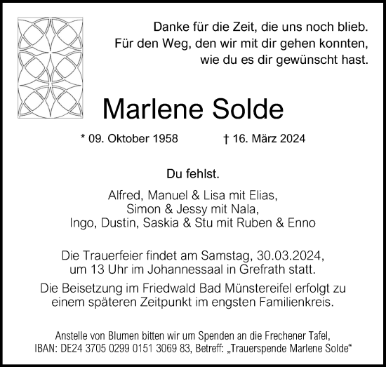 Anzeige von Marlene Solde von Kölner Stadt-Anzeiger / Kölnische Rundschau / Express