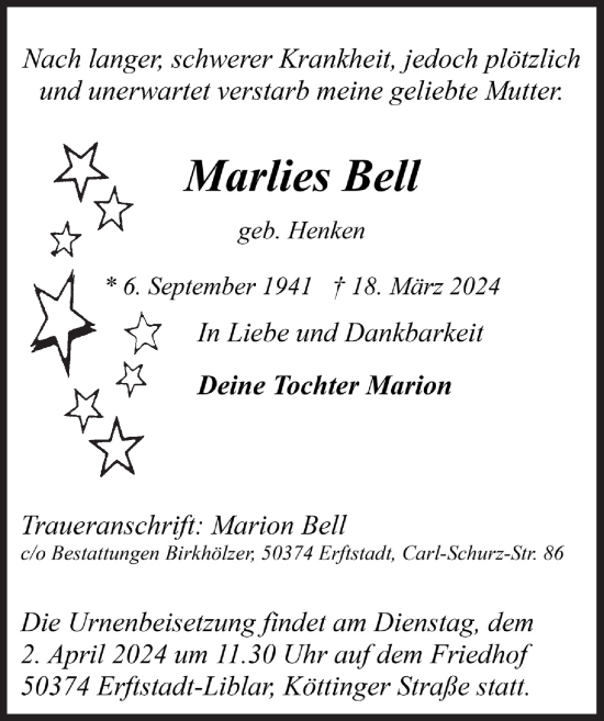 Anzeige von Marlies Bell von  Werbepost 